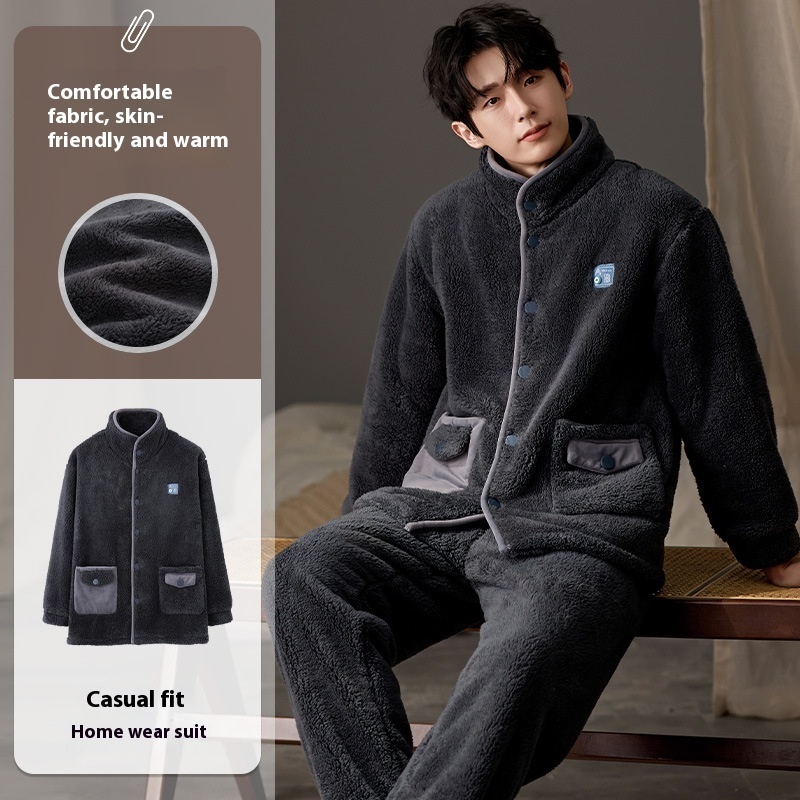 Men's Pajamas Plus Size Long Sleeve Warm Loungewear Suit - Image 4