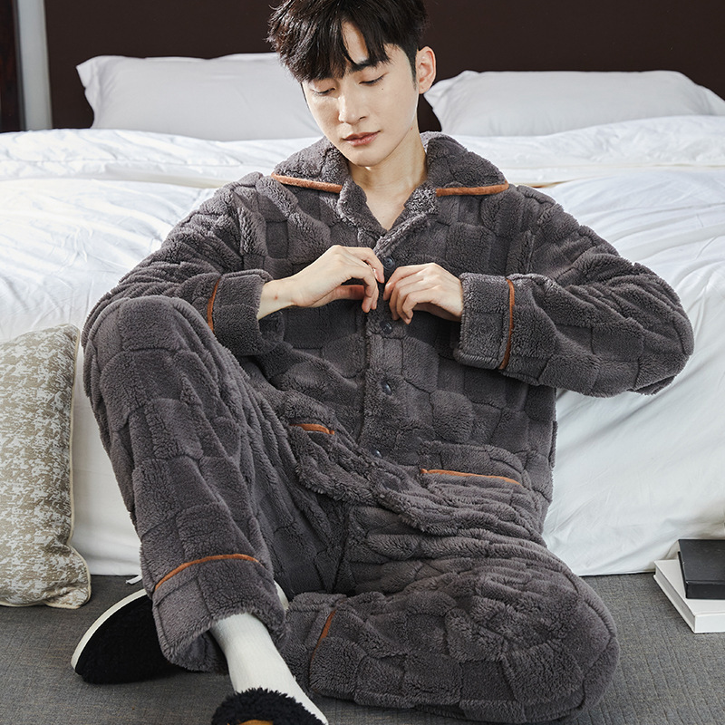 Pajamas Men's Jacquard Flannel Loose Fleece-lined Warm Loungewear - Image 6