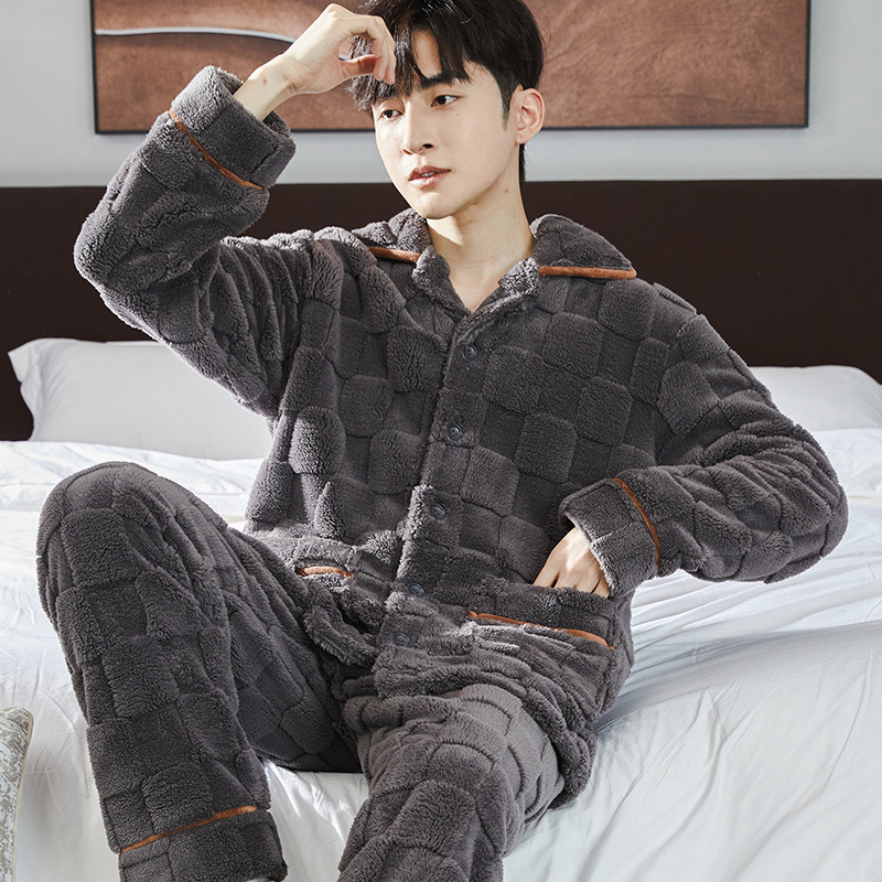 Pajamas Men's Jacquard Flannel Loose Fleece-lined Warm Loungewear - Image 10