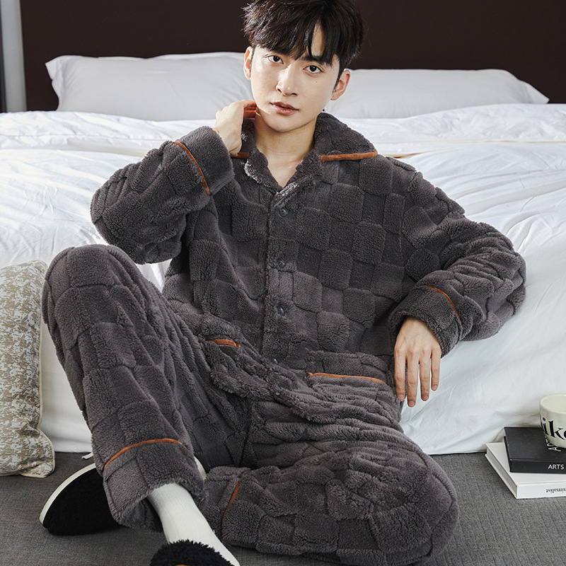 Pajamas Men's Jacquard Flannel Loose Fleece-lined Warm Loungewear - Image 9